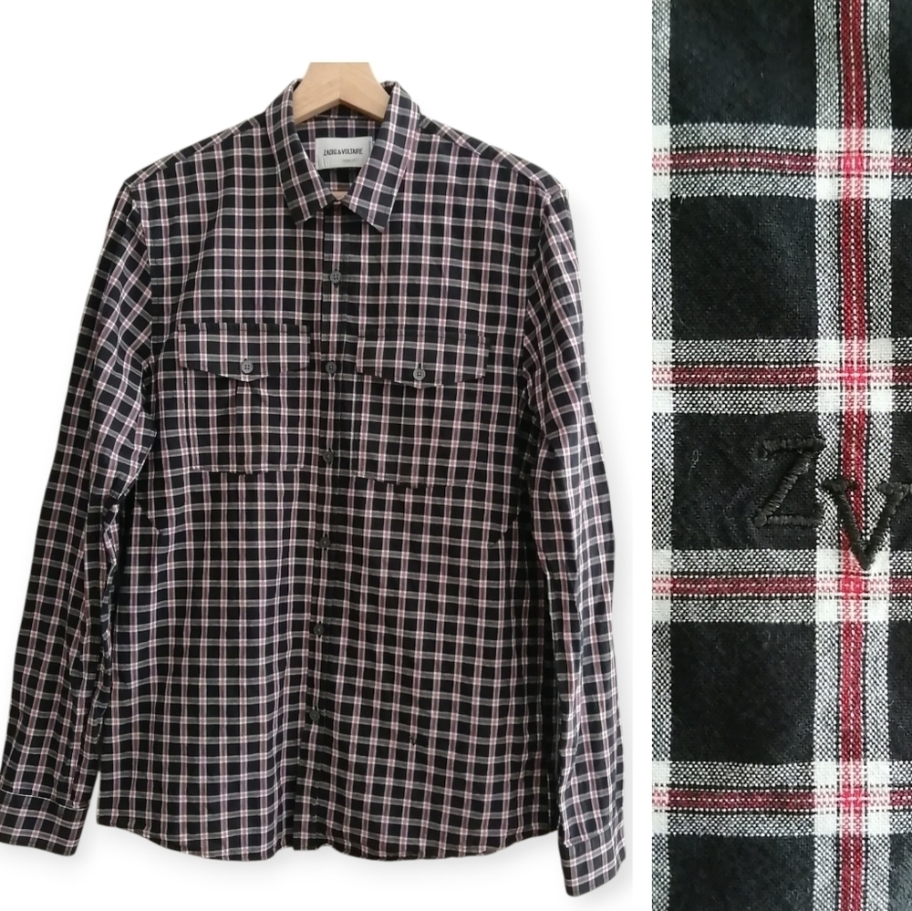 Zadig & Voltaire Men's Thibaut Button Up Red Black Plaid Chest Pockets Large